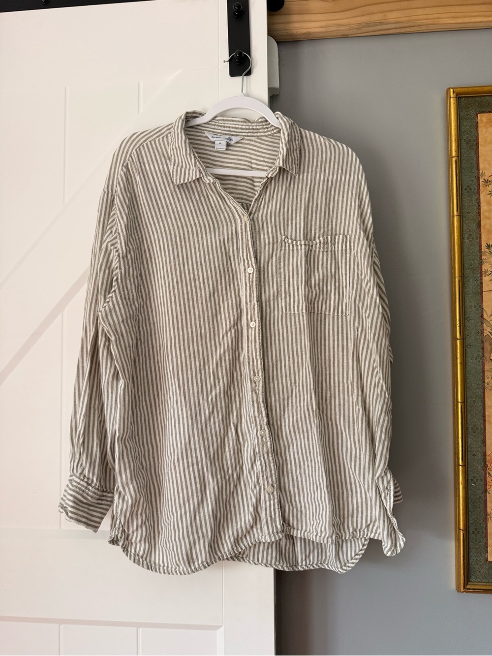 Old Navy Beige and White Striped Casual Button-Down Shirt